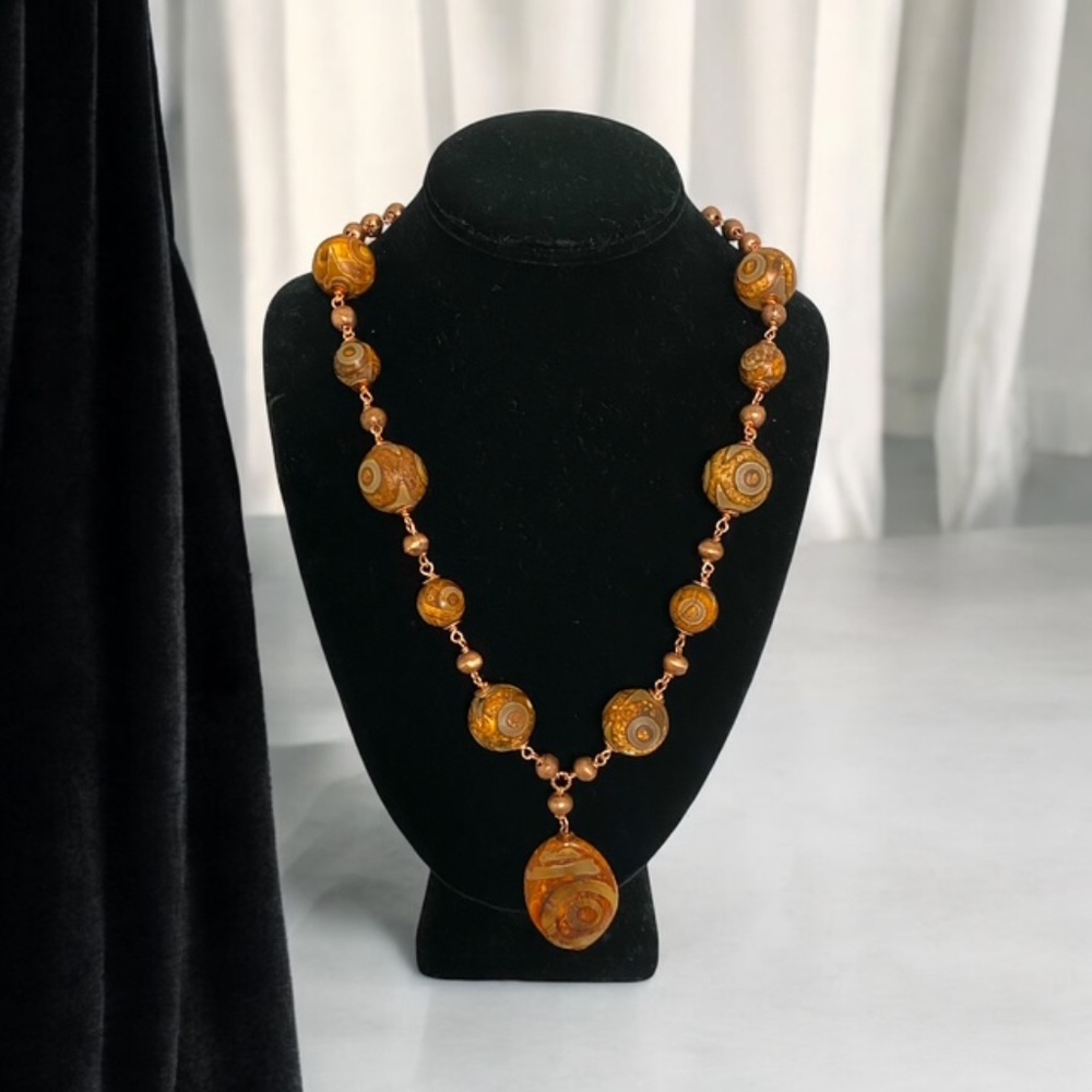 Artisan Tibetan Natural Dzi Agate Beads Copper Links Necklace Size 14"